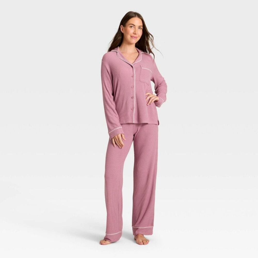 Women's Cozy Ribbed Notch Collar Long Sleeve Pajama Set Pink XS